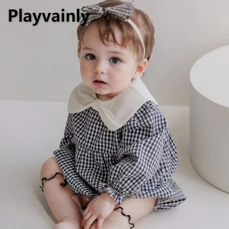 

Модное милое боди для маленьких девочек, новинка 2025, весна-осень, темно-синий клетчатый комбинезон с длинными рукавами и воротником-бабочкой, одежда для младенцев A5326