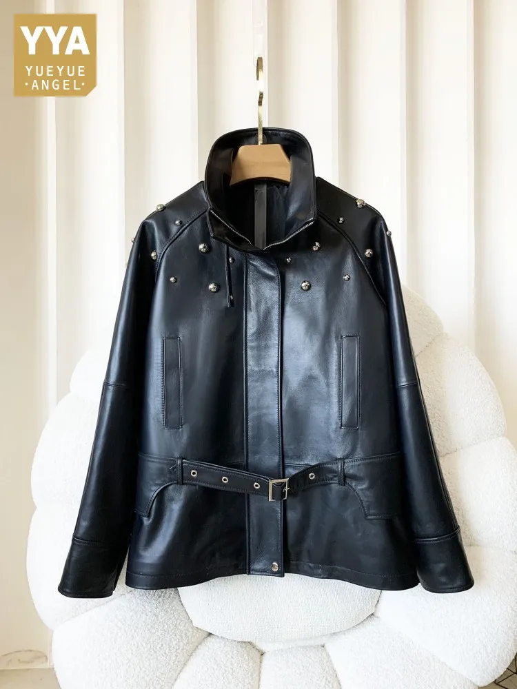 

Женская кожаная куртка в стиле панк с ремнем и заклепками, свободного кроя, мотоциклетная, из натуральной кожи, модная верхняя одежда