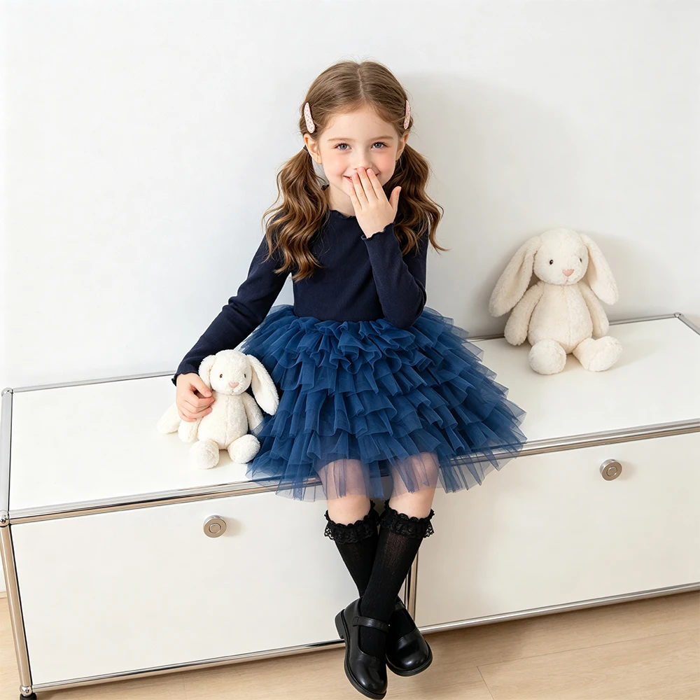 DXTON Kids Navy Blue Princess Party Dresses Gown Flower Girl Costume Children Daily Elegant Dress Family Gathering Toddler Wear