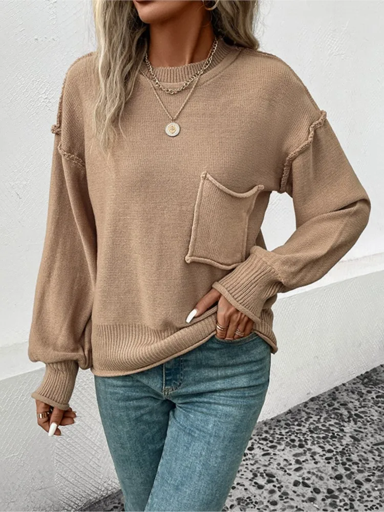 

Women's Clothing Pocket Loose Long Sleeve Pullover Solid Color Autumn Sweater Simple Style All-match Tops Comfortable Commuting
