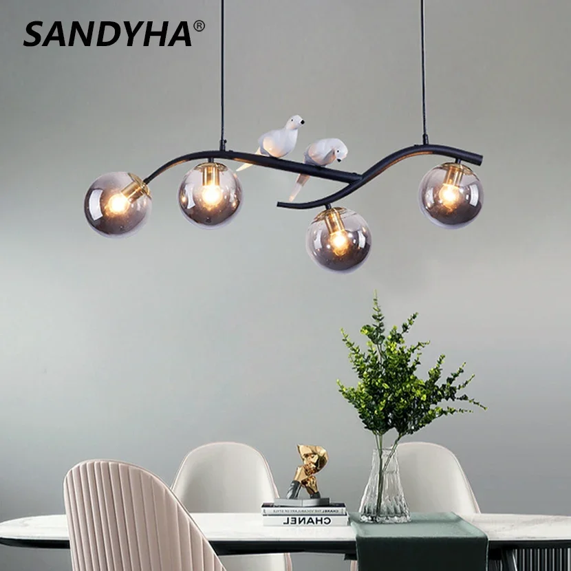 Lampadario Soffitto Moderno Lampadario a LED Ferro Uccello Palla di vetro Lampada a sospensione per tavolo da pranzo Lampade a sospensione per isola cucina E27