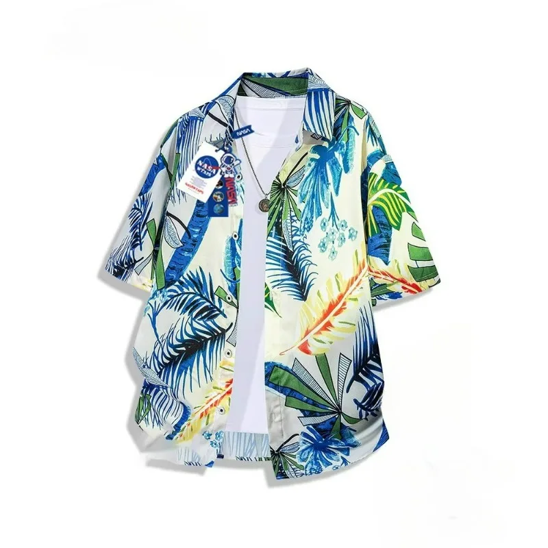 

Men's Hawaiian Short Sleeved Floral Vacation Ice Silk Trendy Casual Loose Breathable Quick Drying Cool Surfing Men's Beach Shirt
