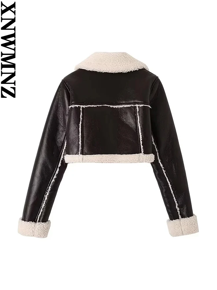 XNWMNZ Women Fashion Thick Warm Faux Shearling Crop Jacket Coat Vintage Long Sleeve Zipper Female Outerwear Tops High quality