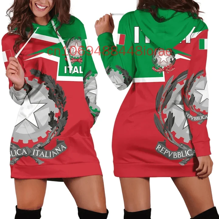 

2025 3D печатный флаг Италии женское платье с капюшоном летнее новое ретро пуловер с флагом Харадзюку повседневное сексуальное женское платье с капюшоном