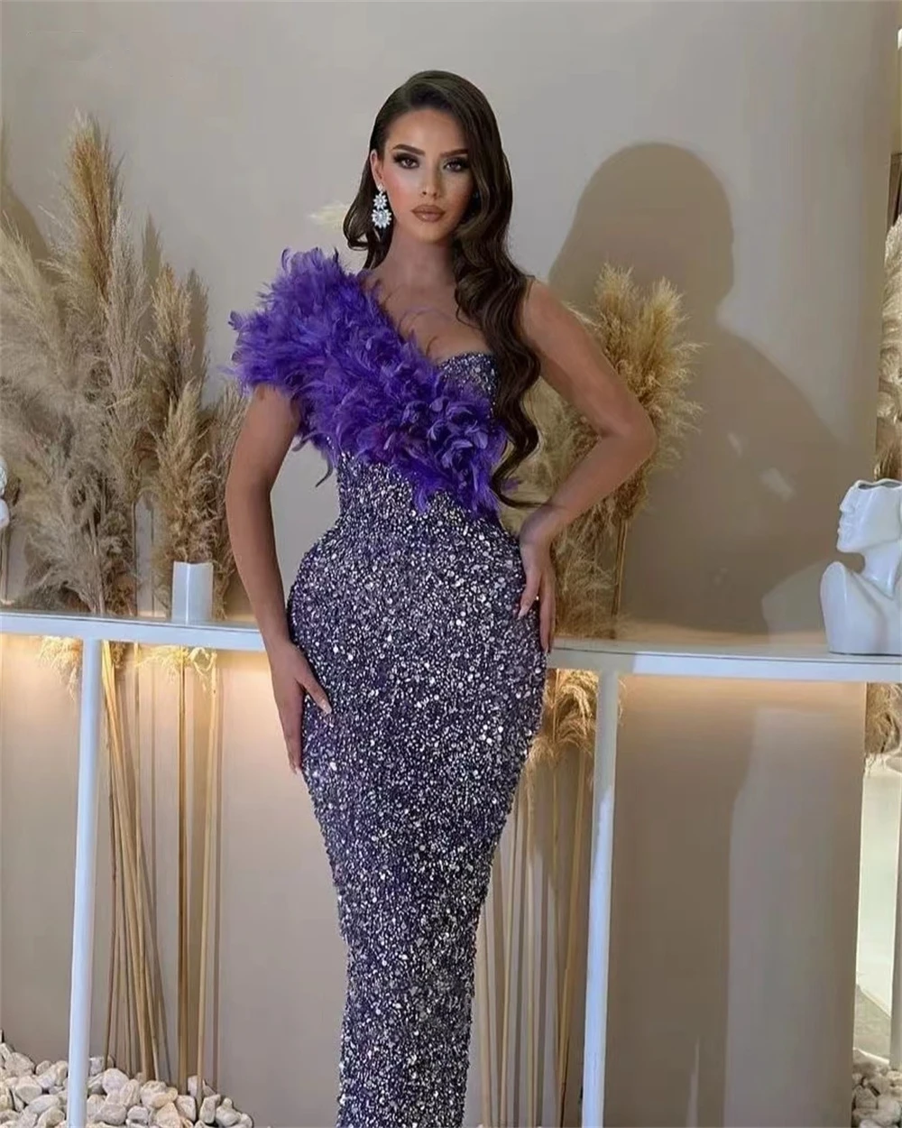 

Gorgeous Sequins Beading Feather Mermaid Prom Dresses One Shoulder Evening Gowns Custom Made Robe De Soirée