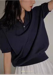 Women's Blue Ice Silk Knitted Polo Shirt Short Sleeve French Lapel Top Thin Summer High-Grade Shoulder T-Shirt