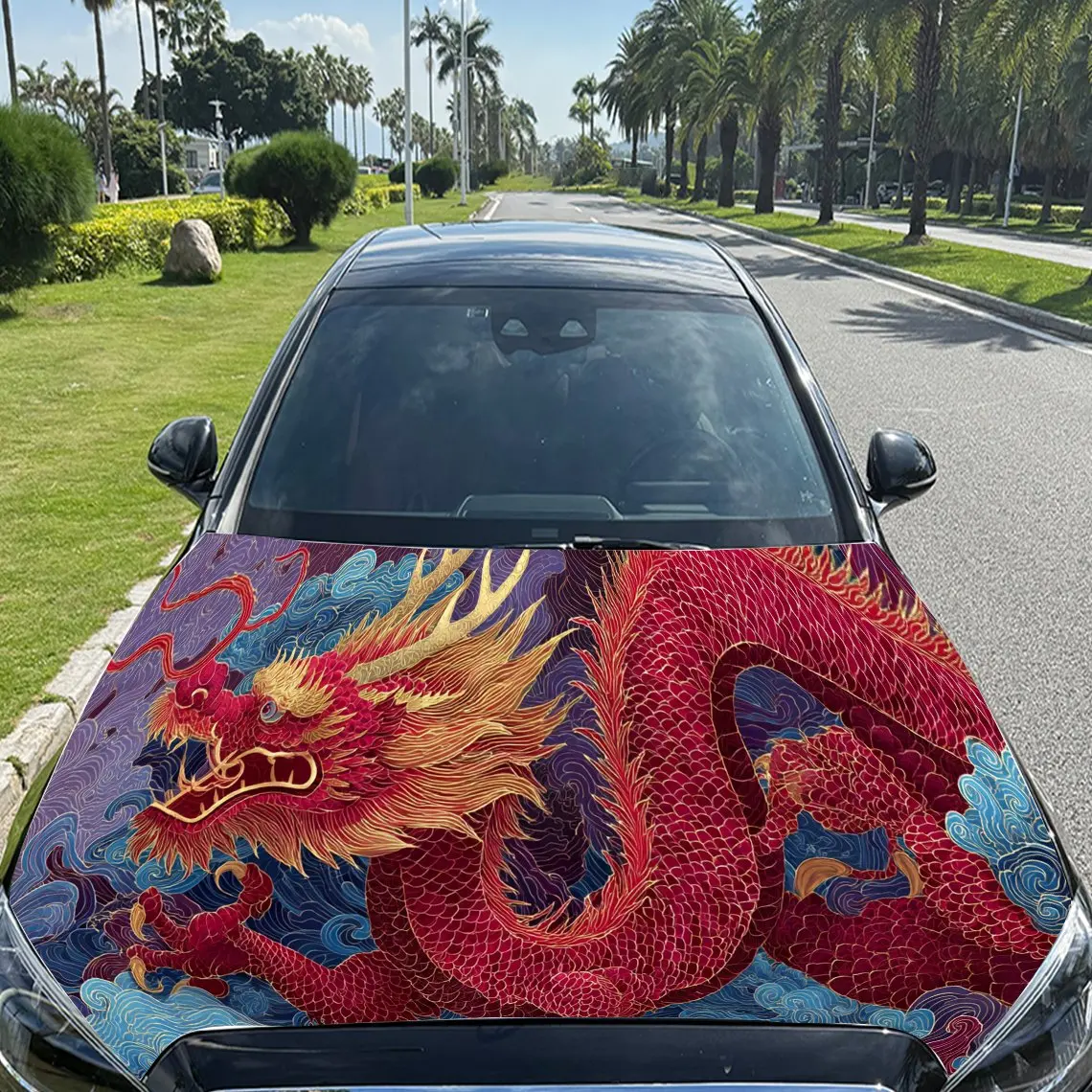 Stiker Pembungkus Kap Mobil PVC Naga Cina Artistik, Stiker Dekal Kap Mobil Tahan Air Perekat Sendiri, Stiker Pelindung Dekorasi Mobil