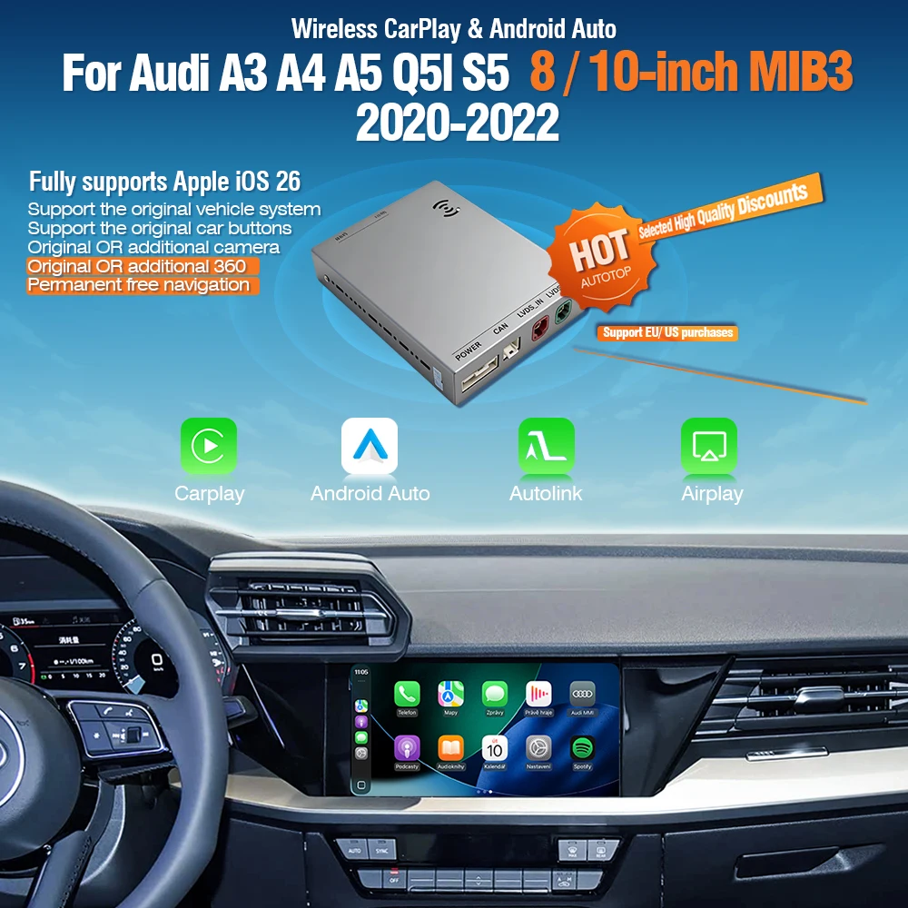 AUTOTOP sans fil CarPlay Android Auto pour Audi A3 A4 A5 Q5L S5 MIB3 2020-2022 Support vue avant caméra de recul miroir Airplay