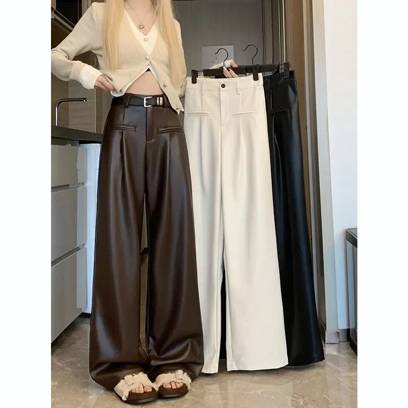 

Design Sense High Waisted PU Leather Straight Leg Wide Leg Pants 2024 Women's Autumn New Style Slimming and Floor Dragging Pants