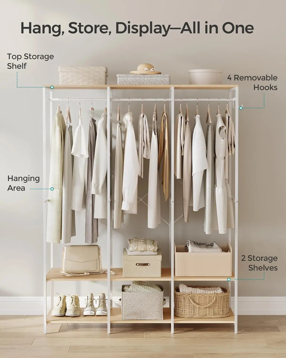 

Clothes Rack, Iron and Wood Wardrobe Closet Organizer, Heavy Duty Garment Rack with Hanging Rods, Closet Shelves, Removable