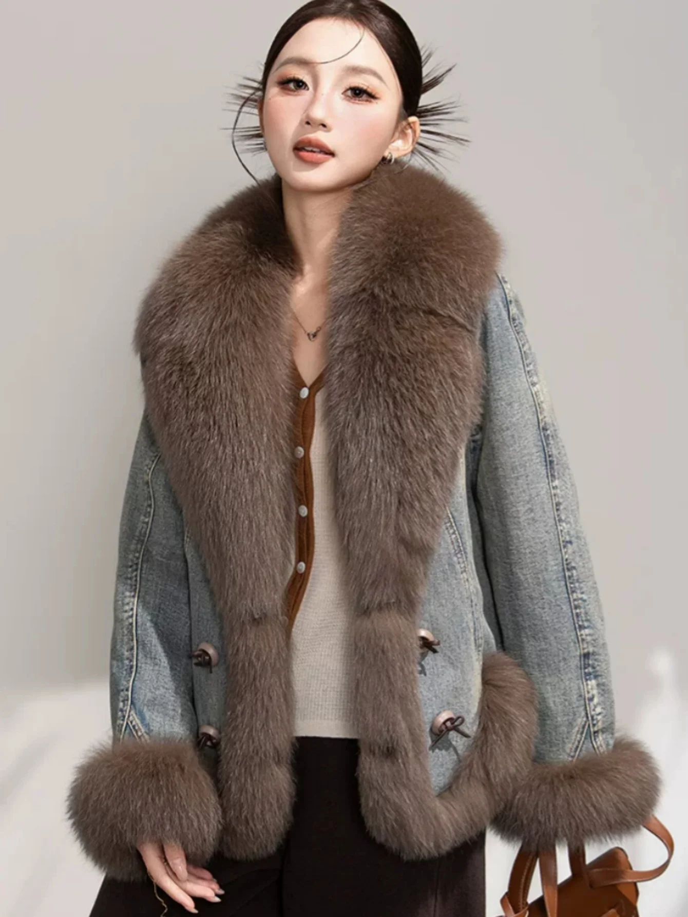 Puffer Jacket Women Fluffy Fox Fur Coat Woman White Goose Down Jackets Denim Parka Womens Winter Coats 2026 Куртка Женская