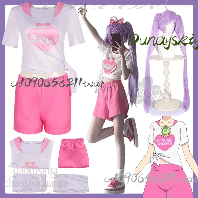 

Манака Лаала Косплей Аниме Игра Pripara Костюм Идол Купальник Танцевальная Униформа Kawaii Розовые Шорты Футболка Парики Фиолетовый Хэллоуин Cos