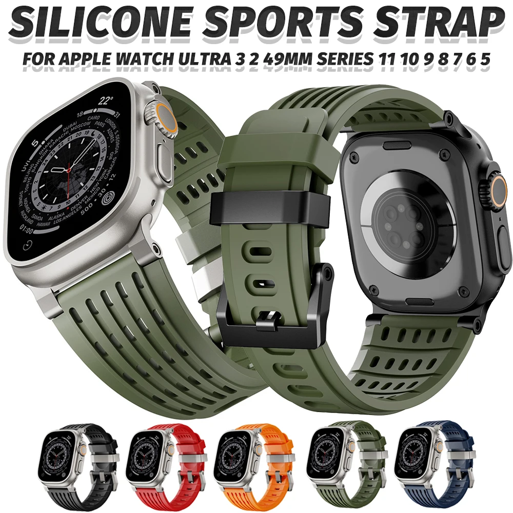 

Silicone Breathable Sports Strap for Apple Watch Ultra 3/2 49mm For IWatch Series 11 10 9 8 7 6 5 46mm 45mm 42 44mm Metal Buckle