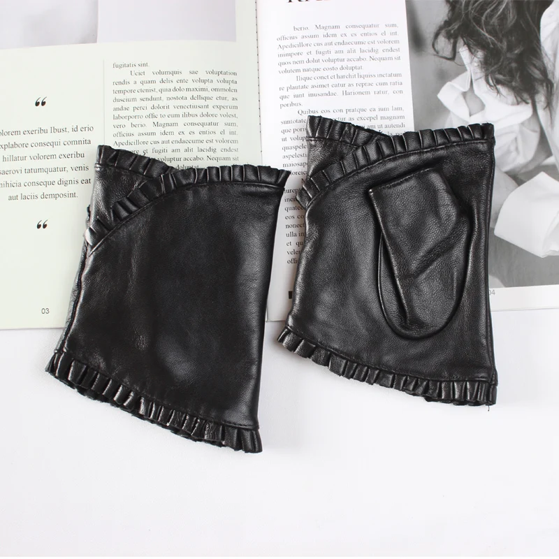 Women\'s Fashion Genuine Leather Gloves New Product Black Fingerless Sheepskin Driving