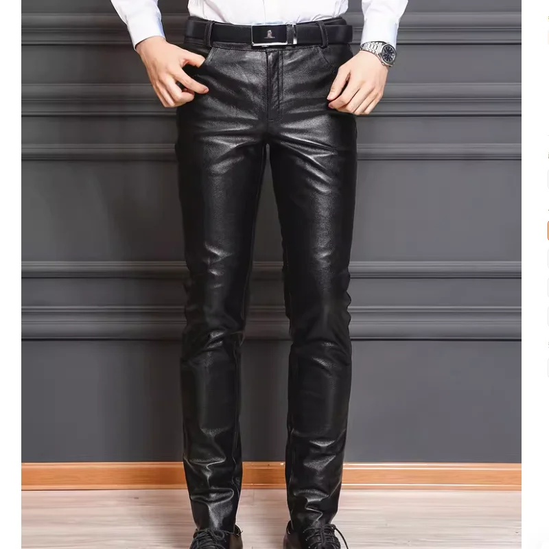 Men's Slim Fit Top Layer Cowhide Tight Casual Cycling Leather Pants