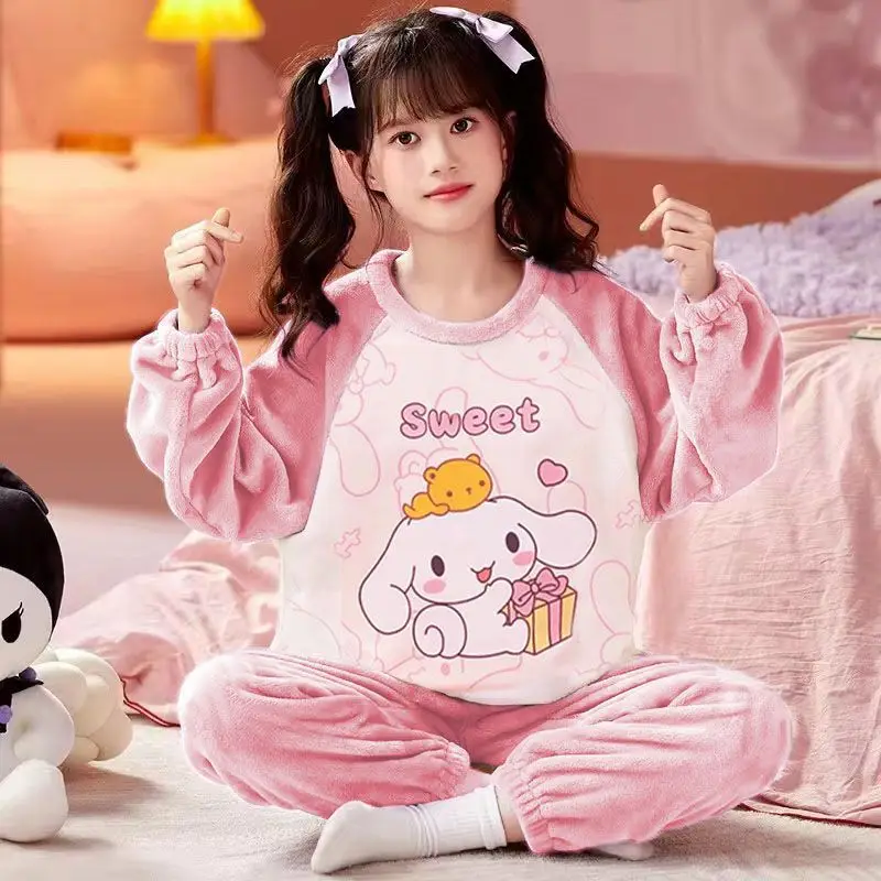

Kawaii Sanrio Kuromi My Melody Cinnamoroll фланелевые пижамы детские осенне-зимние теплые штаны костюм с длинными рукавами