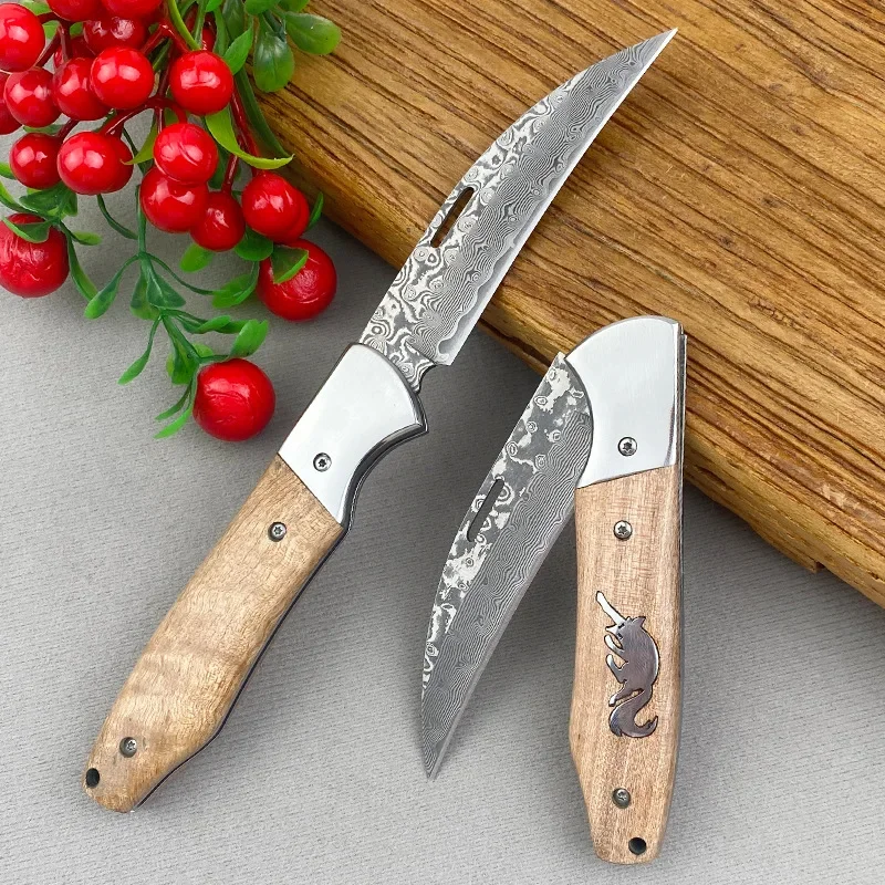 Damascus 67 Layer Stainless Steel Multi purpose Outdoor Kitchen Fruit Folding Knife Fox Pattern Handle Portable Folding Knife