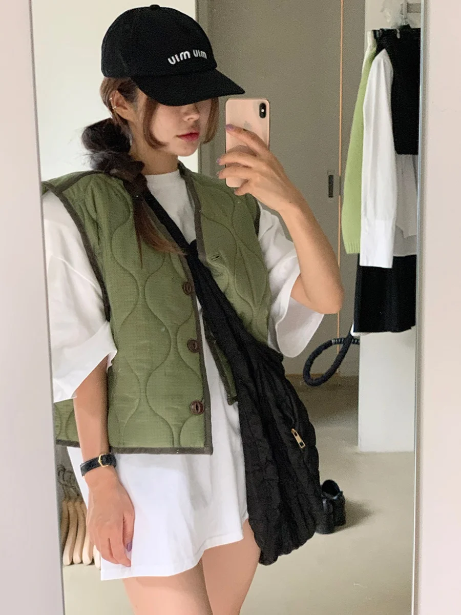 Retro Loose Women's Cotton Vest Svel Quilted Wave Texture Warm ort Jaet V-Ne Single Button Closure Winter Outerwear