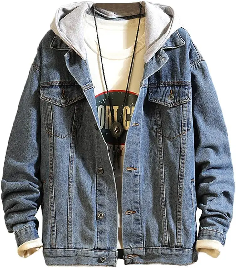 Lavnis Men's Denim Hoodie Jacket Casual Slim Fit Button Down Jeans Coat