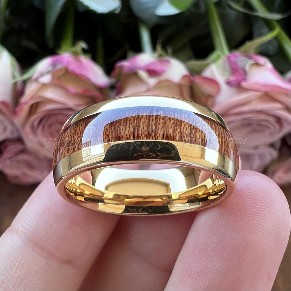 Ringe für Damen und Herren, Wolframkarbid, Ehering, Verlobung, Modeschmuck, Holzeinlage, gewölbt, poliert, glänzend, bequeme Passform – Detail 1