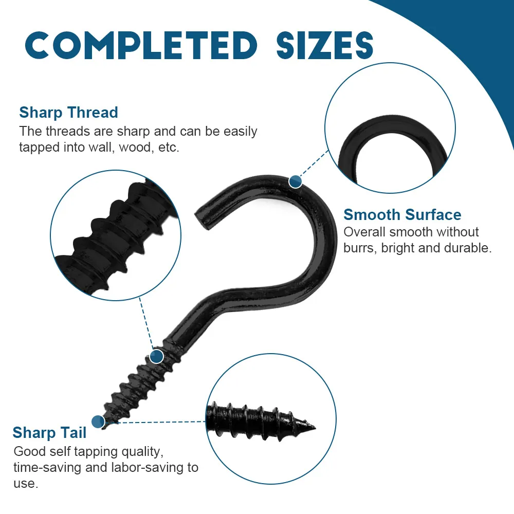 HOWSHENG Opening Sheep Eye Lamp Hook Screws Question Mark Hook 1# 2# 4# 5# 6# 7# 8# 9# 16# Black Plated Ceiling Hooks Screw-in