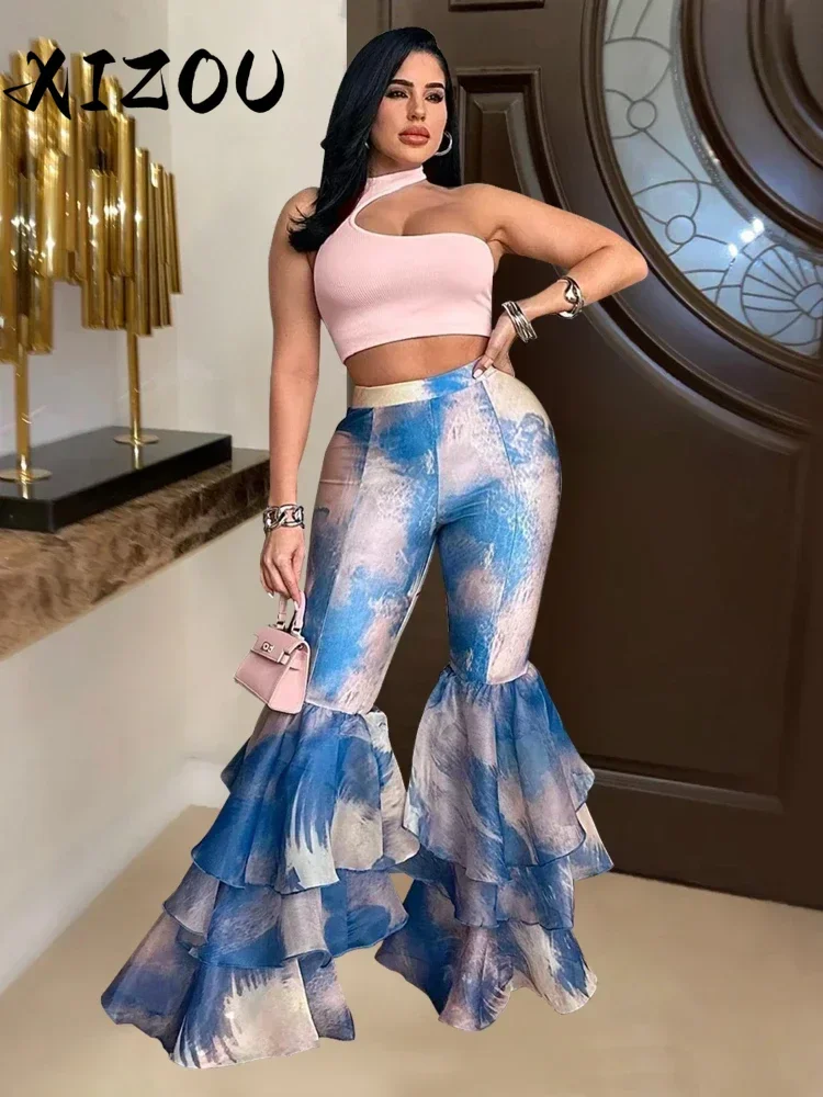 

XIZOU Sexy Elegant Women Tie Dye Print Ruffles Flare High Waist Pants 2024 Summer Beach Holiday INS Street Party Trousers