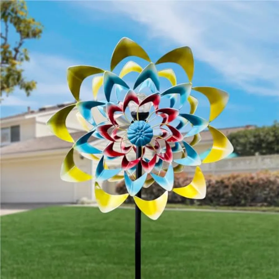 

Outdoor Wind Spinner with Garden Stake 82.7" Metal Two-Way Wind Sculptures Solar Color Changing Lights Large Windmills for Gard