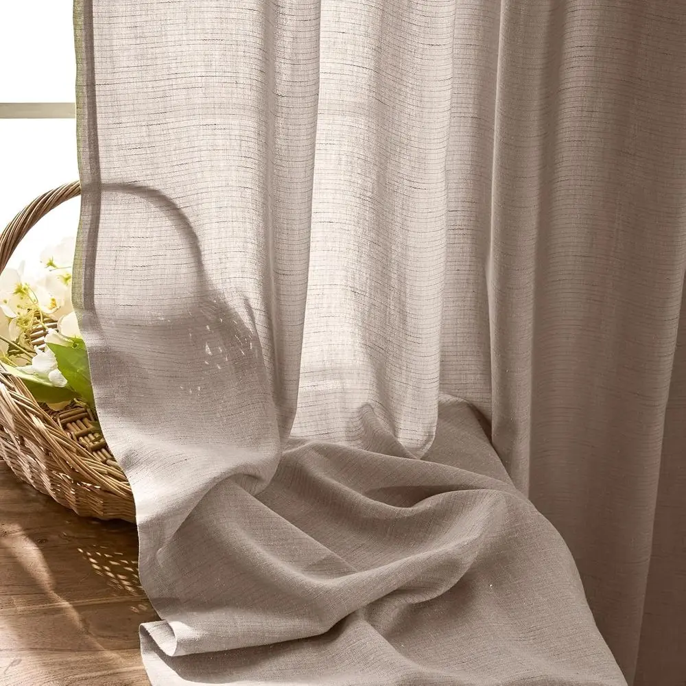 Extra breite 100 taupefarbene halbtransparente Leinenvorhänge für Schiebetüren, 96 lang, Tülle oben, Bauernhausstil