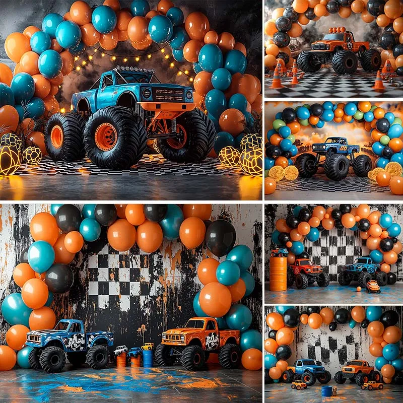 

LS Red Blue Rally Car Girl Cake Smash Backdrop Photography Balloon Checkered Background Baby 1st Birthday Studio Photoshoot