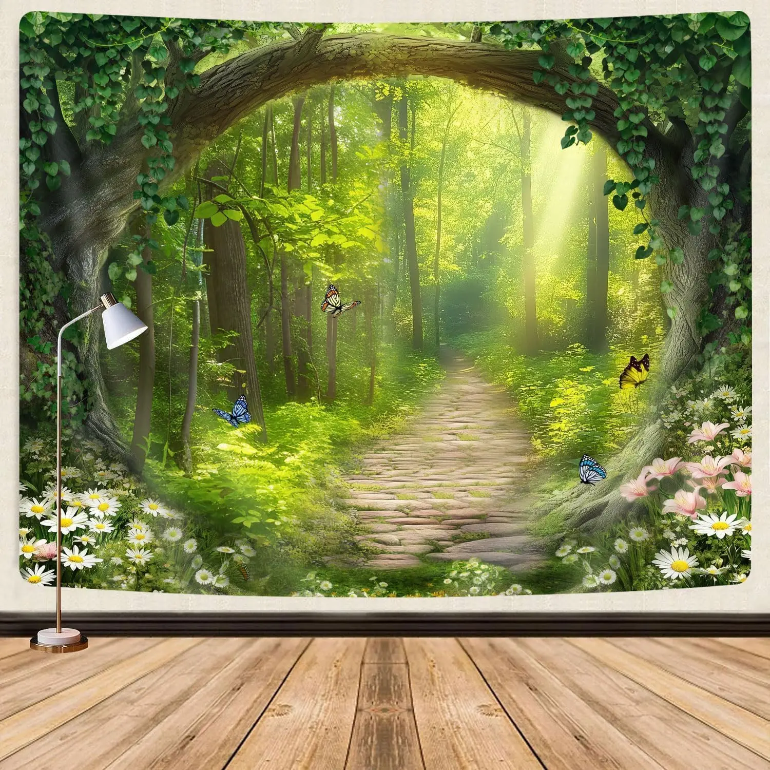 Nature Enchanted Forest Tapestry, Fantasy Green Jungle Woodland Lanscape Tapestry Wall Hanging, Psychedelic Fairy Tree Cave
