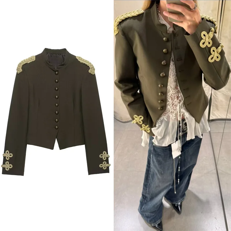 Guobioziy 2026 Fall New Arrival Women's Coat Military Green Long-Sleeve Knight-Style Blazer with Rope Knot Decoration Trendy