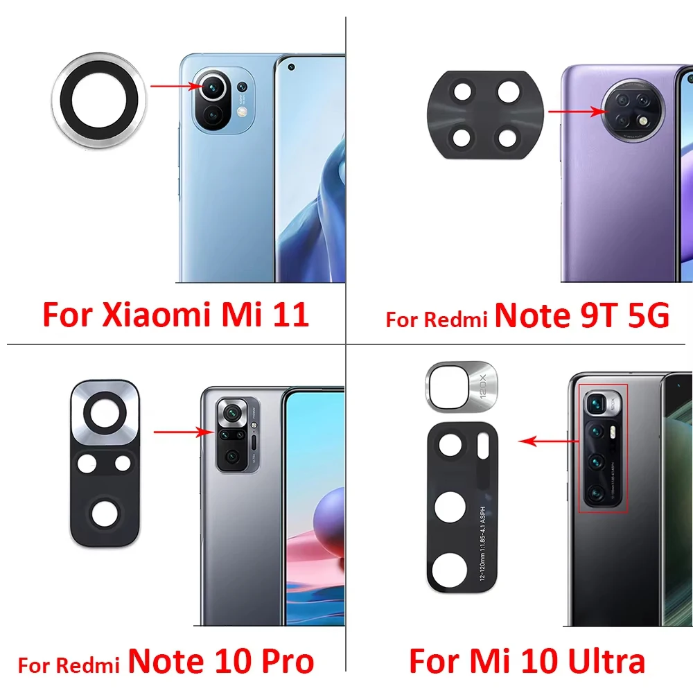 20 قطعة، عدسة كاميرا لهاتف Xiaomi Mi Note 10 10T 11 Lite Pro Ultra Redmi Note 9T 10 10s Pro عدسة الكاميرا الخلفية الزجاجية مع ملصق