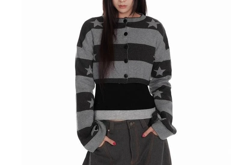 

Striped Short-Sleeve Long-Sleeve Knitted Cardigan