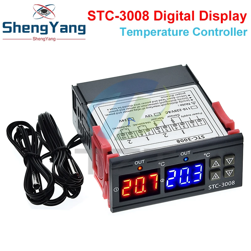 Dual Digital STC-3008 Temperature Controller Two Relay Output Thermostat Heater with Probe 12V 24V 220V Home Fridge Cool Heat