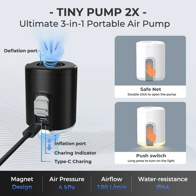 FLEXTAIL Tiny 2X Mini Portable Inflator Pump Outdoor Camping Ultralight Iighting Air Pump 3.5kPa Vacuum Pumping IP44 Waterproof