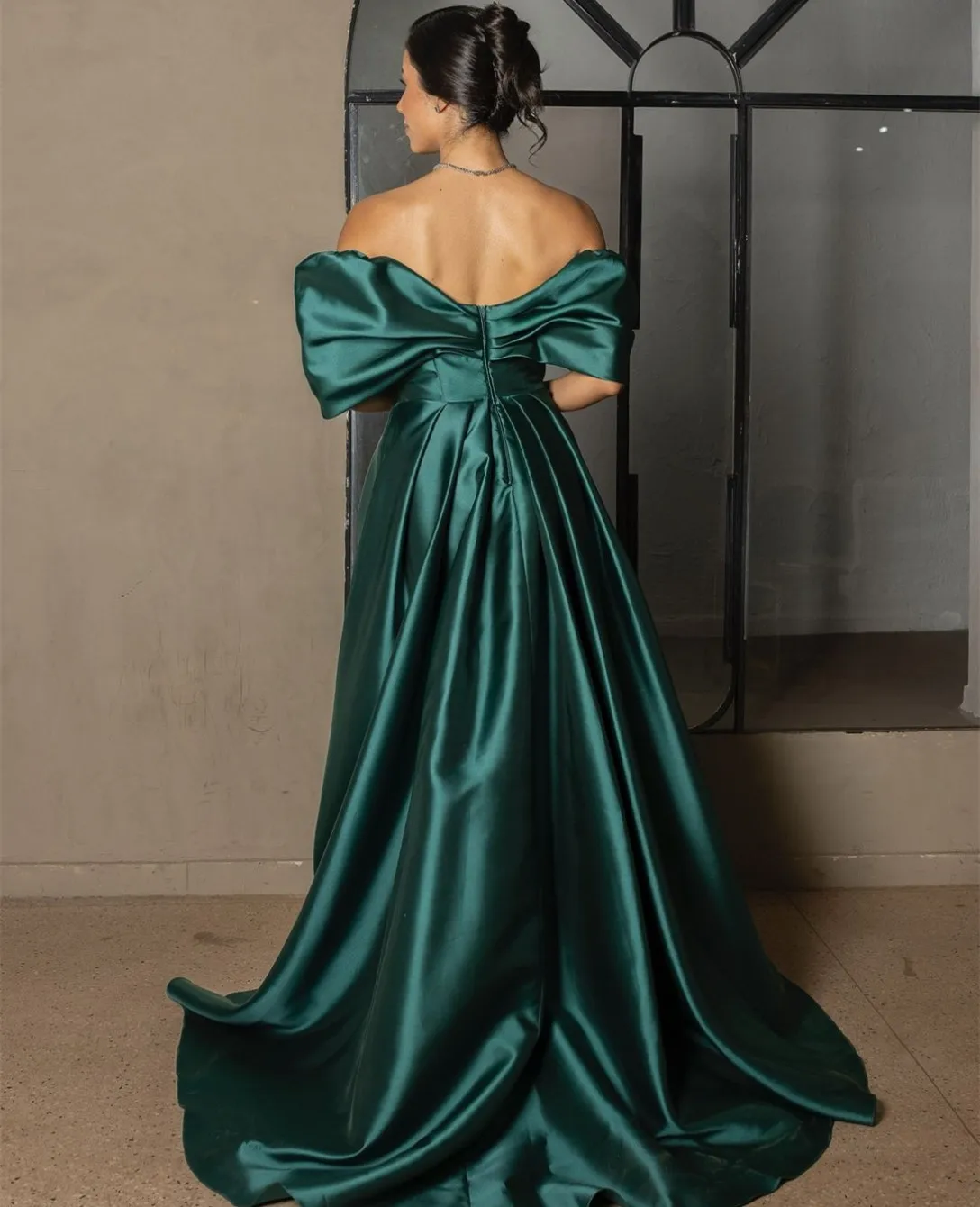 Customized Long Off Shoulder Satin Evening Dresses with Pockets A-Line Pleated Watteau Train Zipper Back Prom Dress for Women