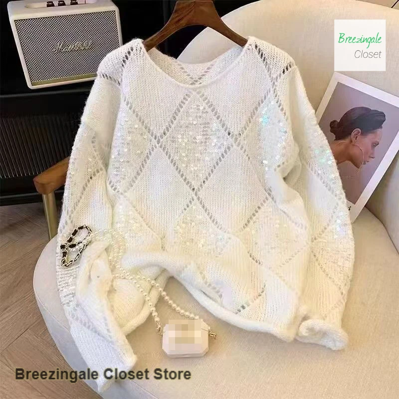 French Joker Knitwear women's autumn and winter new diamond heavy sequins new fashion soft hollow loose casual pullover sweater