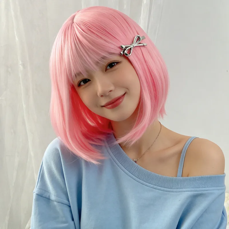 Pink short bob hairstyle synthetic wig - Halloween cosplay costume wig - Daily wear wig - High-temperature hairnet wig