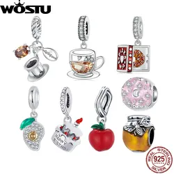 WOSTU 925 Sterling Silver Coffee Cup Charms Pizza Pendant Apply Beads Fit Original Bracelet Necklace Girl Birthday DIY Jewelry