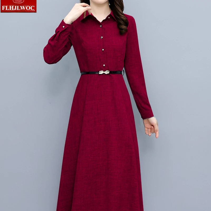 Cotton Linen Long Maxi Dresses Elegant Office Lady Women 2025 Autumn Long Sleeve Retro Vintage New Year Solid Red Shirt Dress
