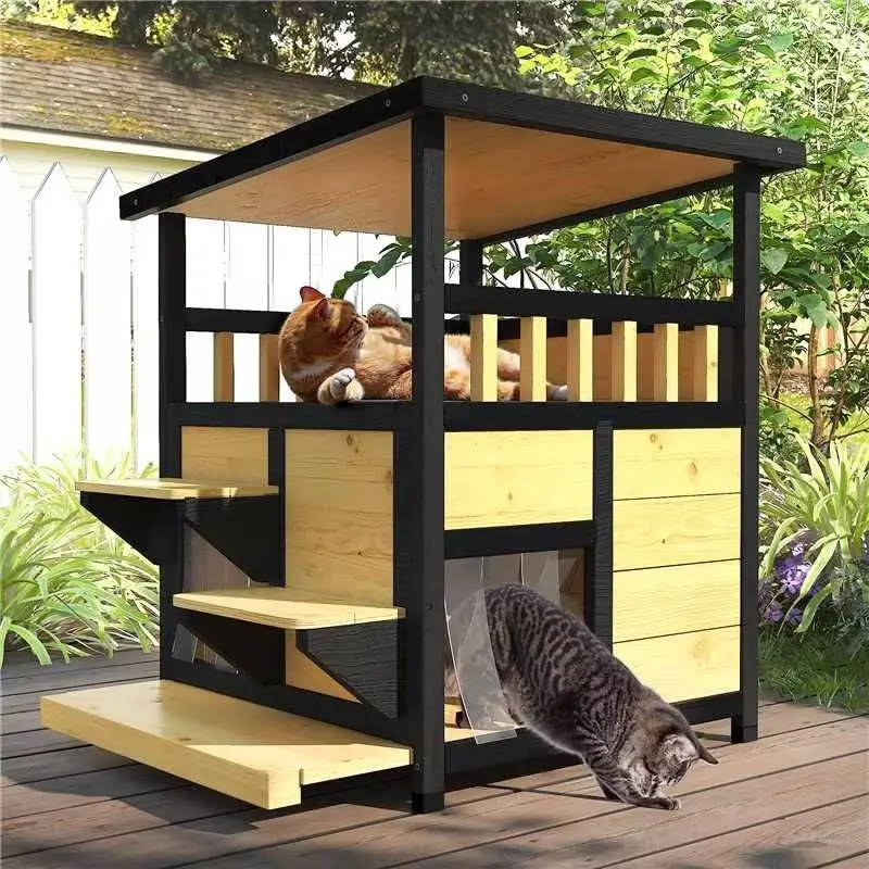 Outdoor Cat House Weatherproof, Outside Two Story Feral Cat Shelter with Escape Door, Scratching Mat, Pull-Out Bottom, Playful Cat Condo for Small & Medium Pets, Black and Earthy Yellow