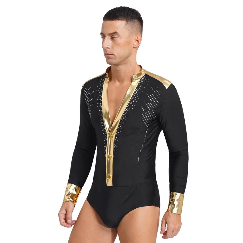 RT01 Mens Shiny Gold Trim Scollo a V Body da ballo latino Camicie Manica lunga Tuxedo Body Modern Jazz Chacha Rumba Sala da ballo C&Gf1