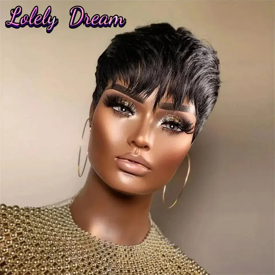 

Натуральные парики с стрижкой пикси, человеческие волосы, цвет коротких париков из натуральных волос с челкой для чернокожих женщин, парики из человеческих волос, машинное производство