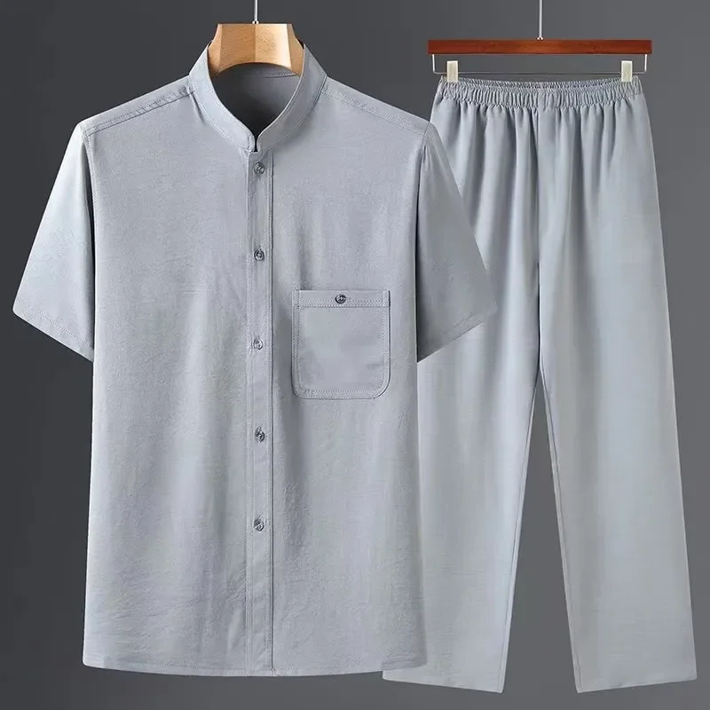

Men's Summer Chinese Style Stand Collar Short Sleeve Shirt and Pants Set for Elderly Loose Thin Casual Dad Grandpa Outfit