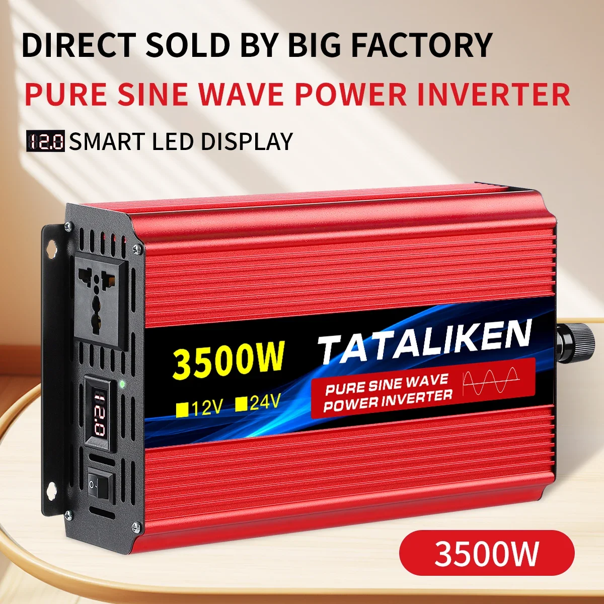 Power Inverter 1600W-10000W Pure Sine Wave12V/24V DC to 110V/220V Converter with Type-C Ports 2 AC Power Outlets  LCD Display