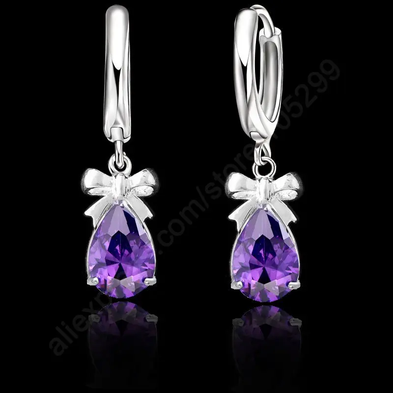 New Gift 925 Sterling Silver Color Shiny Purple Cubic Zirconia Lever Back Earring Pendant Necklace Woman Jewelry Set