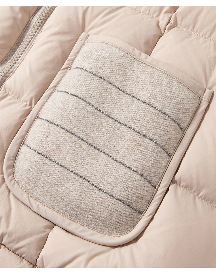 BD3621736 Women's Pure Wool Knit Hybrid Goose Down Jacket Chain Trim Pockets Stand Collar Two-Way Zip Old Money Early Autumn