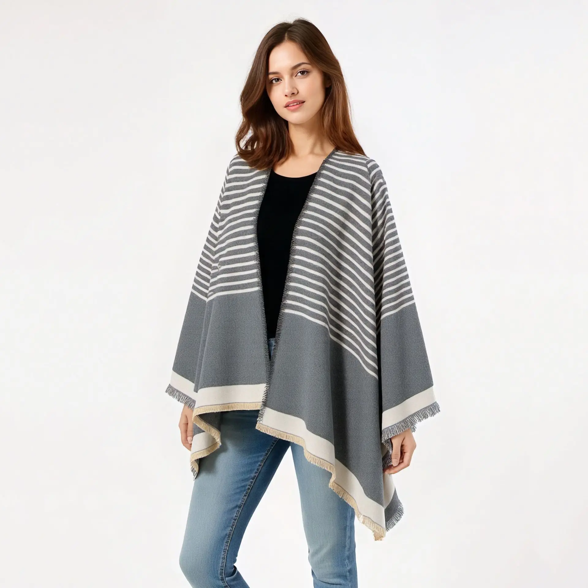 

2025 New Cloak Stripe Split Outerwear Women's Cape Warm Fake Cashmere Scarf Autumn/Winter Short Fringe Shawl Poncho P1