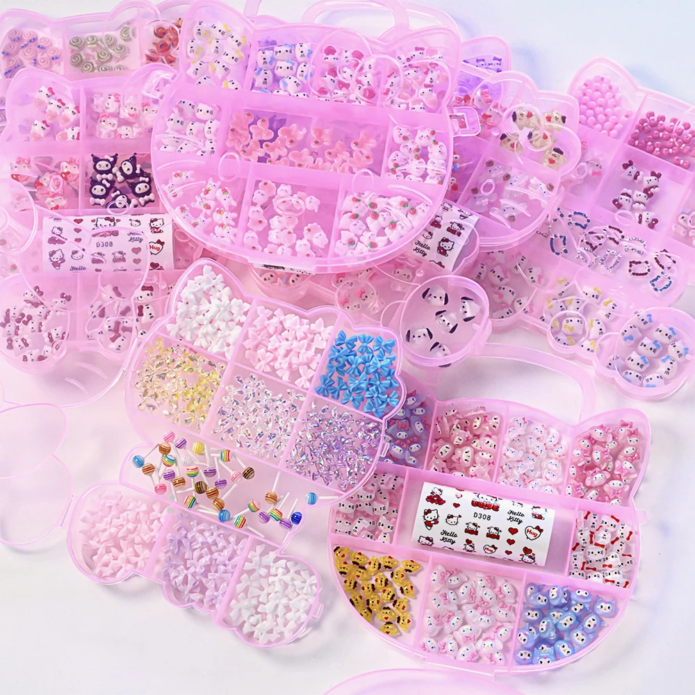 

1 Box Pink Kawaii Hello kitty Melody Bowknot Nail Art Charms Cartoon Hello Kitty Kuromi Resin Rhinestone Manicure DIY Decoration