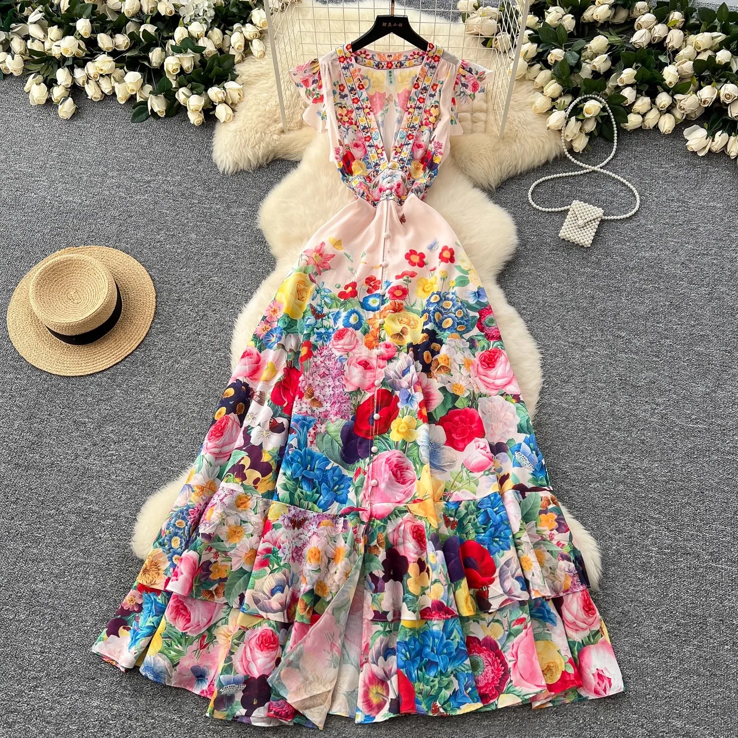 

Summer Holiday Gorgeous Floral Dress Women's Sleeveless Ruffles V Neck Flower Print Buttons Chiffon Bohemain Robe Vestidos